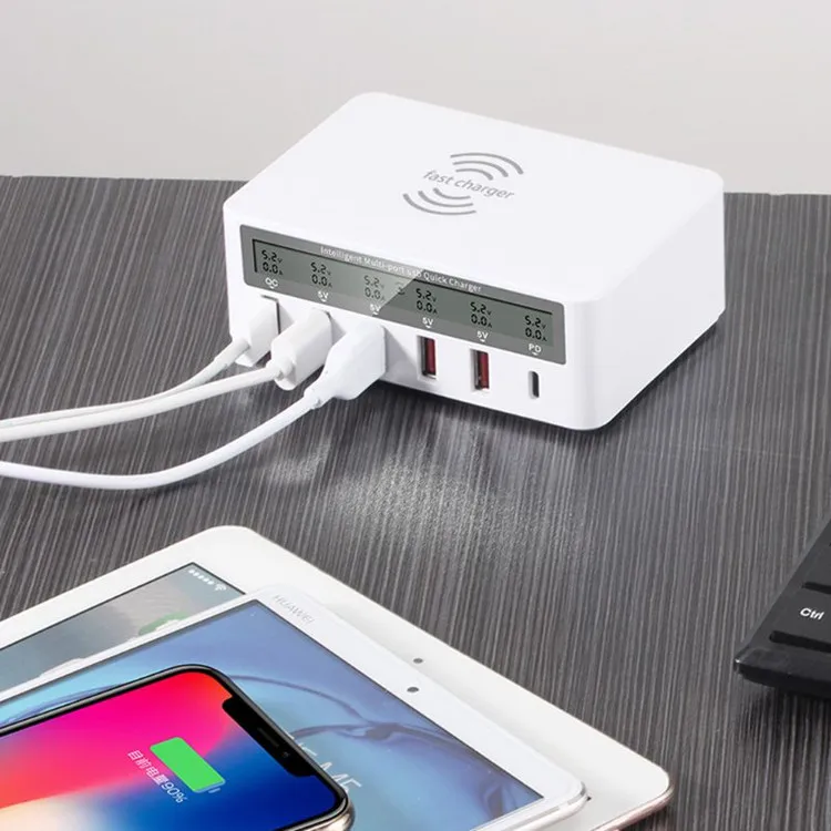 

Smart Multiport USB Charger Station QC3.0 Qi Fast Wireless Charger with Type-C PD 5V 20A 100W Power
