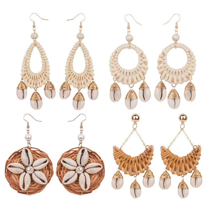 Wholesale trending hanging new model gold stud handmade wood bamboo woven rattan earring 2019 jewelry , drop earrings