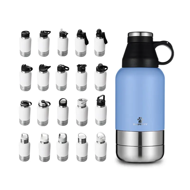 

NEW 3 in 1 everich 32oz 64oz Double Wall Stainless Steel dog water bottle with 2 bowls Pet feeder for outdoor travel stock color