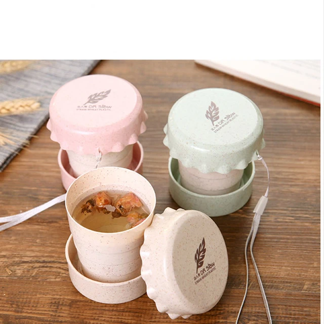 Travel Camping Household Use Portable Foldable Collapsible Wheat Straw Plastic Drinking Cup for Water Coffee Milk Juice Tea
