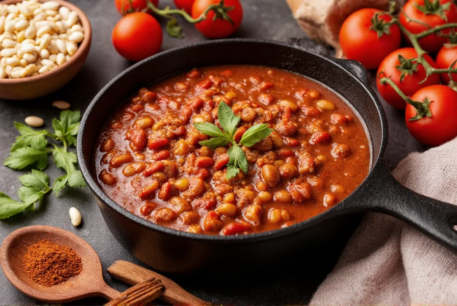 Budget-friendly chili recipe in cast iron pot with beans, tomatoes, and spices arranged around it