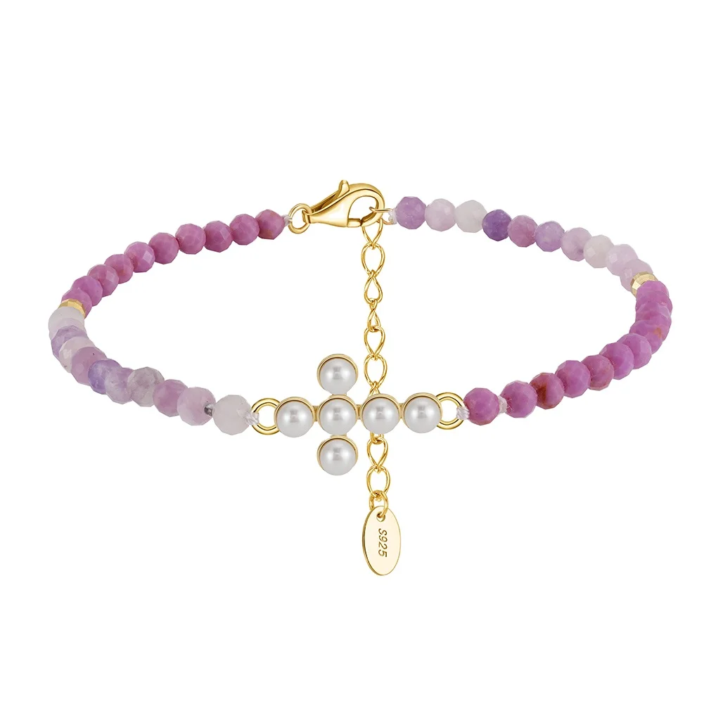 RINNTIN MPB10 New Freshwater Pearl Purple Mica Cross Shape Beaded Bracelet 925 Sterling Silver Handmade Bracelet for Women