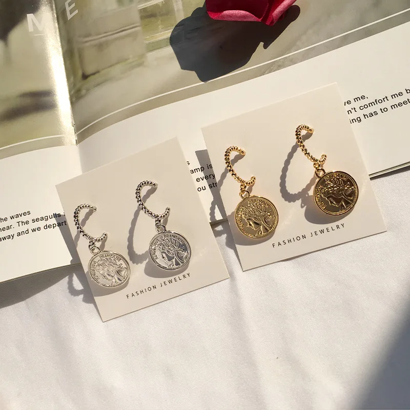 

French Style Silver Gold Plated Round Charm Disc Coin Dangle Earrings C Shape Engraved Women Figure Drop Earrings
