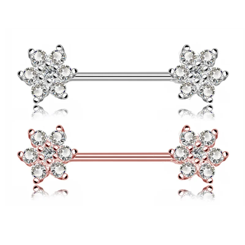 

New Sexy Clear Zircon Flower Chest Piercing For Women Barbell 316L Stainless Steel Nipple Pircing Jewelry, Silver