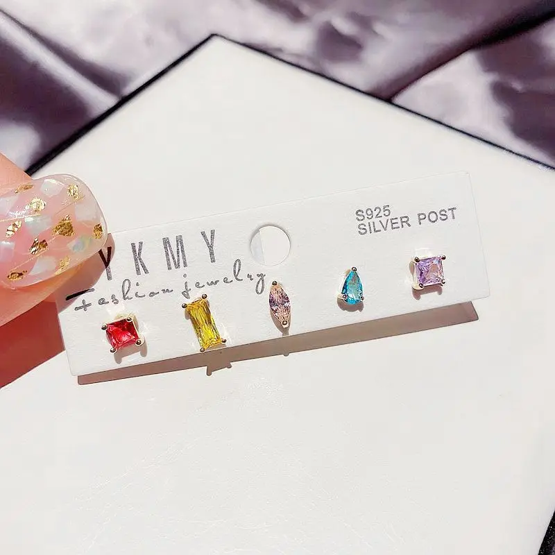 

PINXUN 6Pcs/Set Earrings Mini Fashion Color Zircon Stud Earrings Set for Women Geometric Shape Crystal Ear Jewelry S-E1294