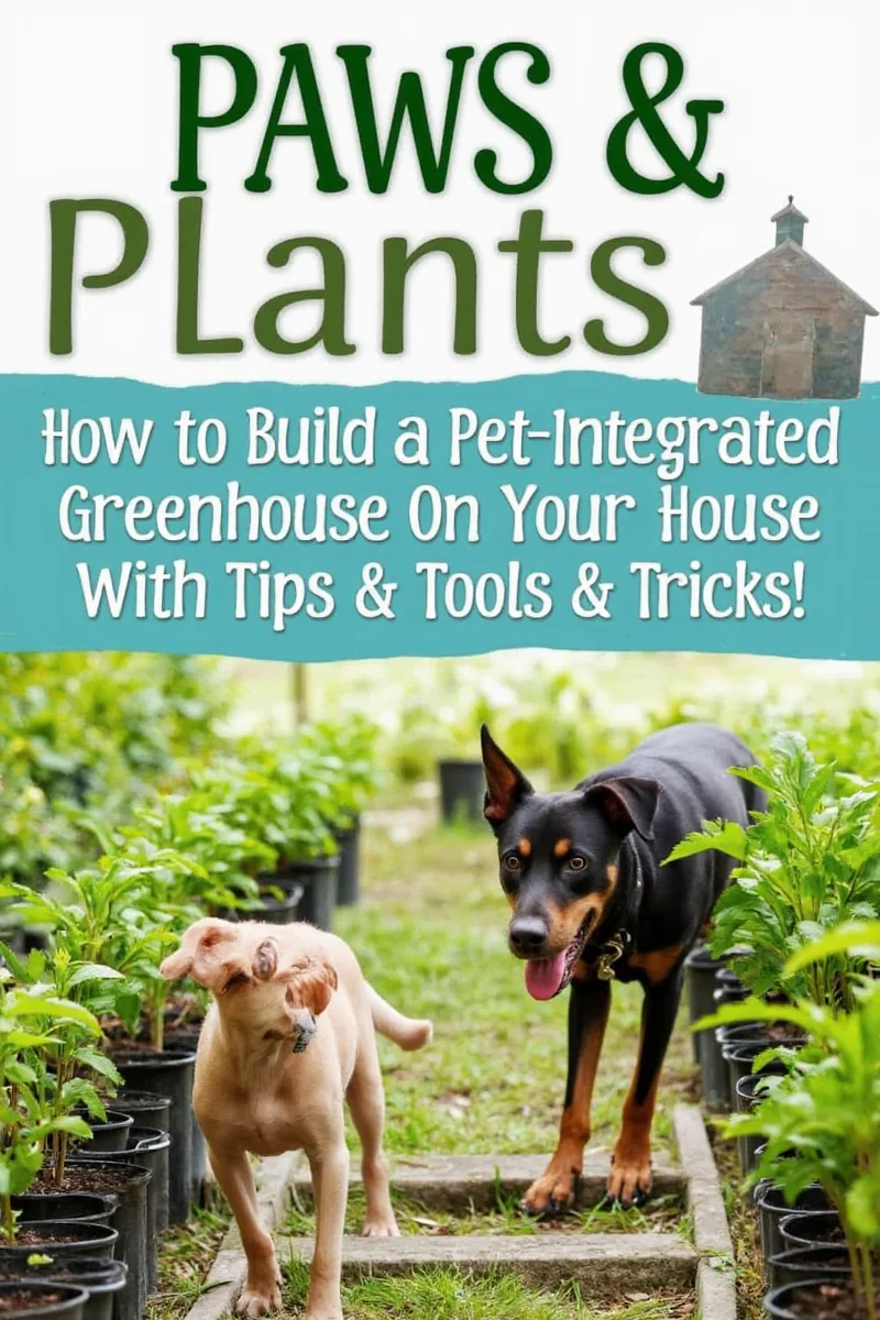 Various pet-safe plants arranged neatly in a greenhouse environment with a dog sniffing nearby.