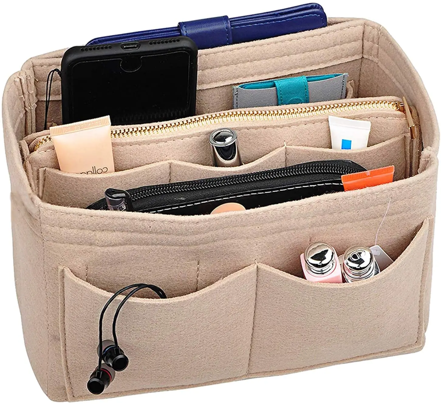 

Women Handbag Felt Bag Organiser Felt Handbag Purse Organizer Felt Insert Bag Cosmetics Organizer, Beige /brown