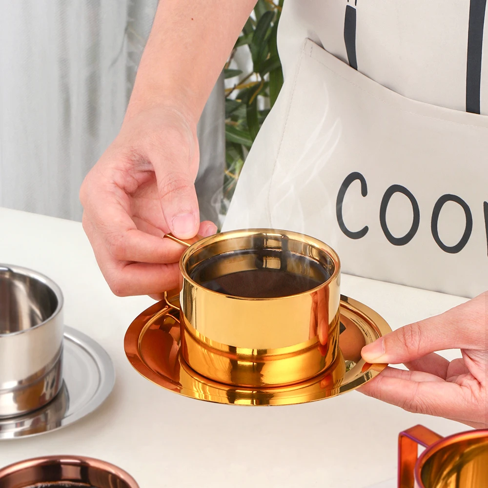 

Wholesale Custom Logo Stainless Steel Reusable Tea Coffee Cup With Tray For Home Office Restaurant, Silver/gold/rose gold/black/purple/blue/rainbow no.0