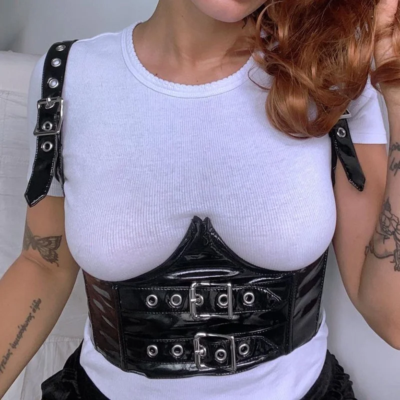 

B50500A Women hot corset 2021 fashion shiny pu leather corset tops, Black