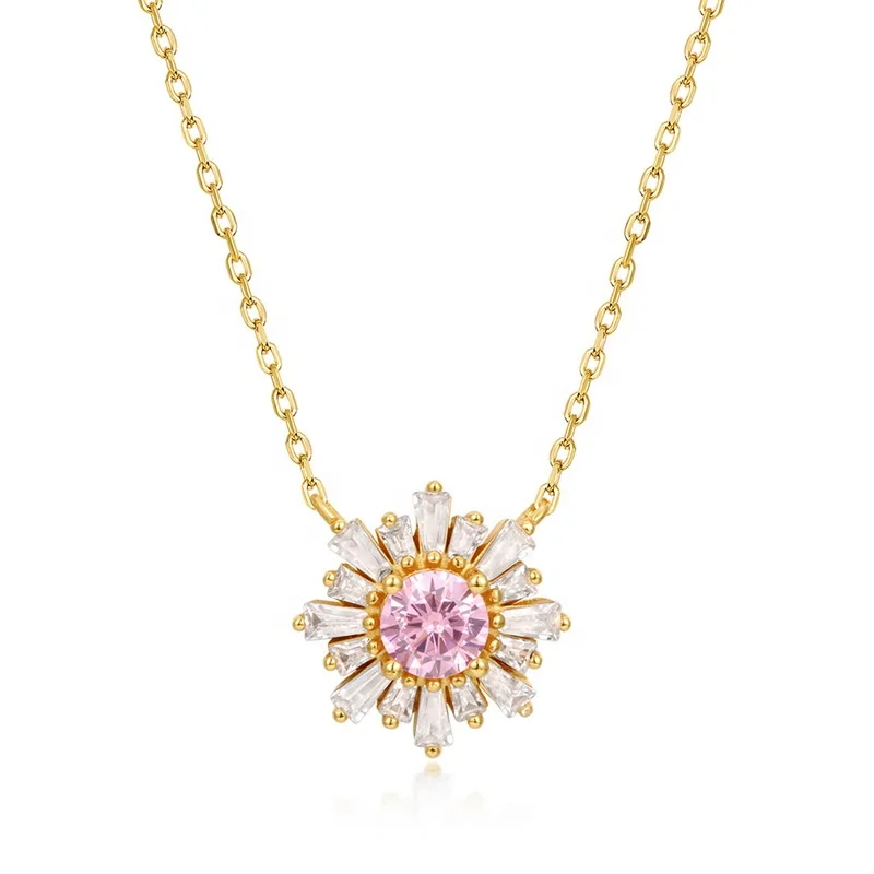 

Gold Plated Silver Sunshine Pink Crystal Necklace Shiny Baguette Cubic Zirconia Snowflake Pendant Necklace Christmas Gift