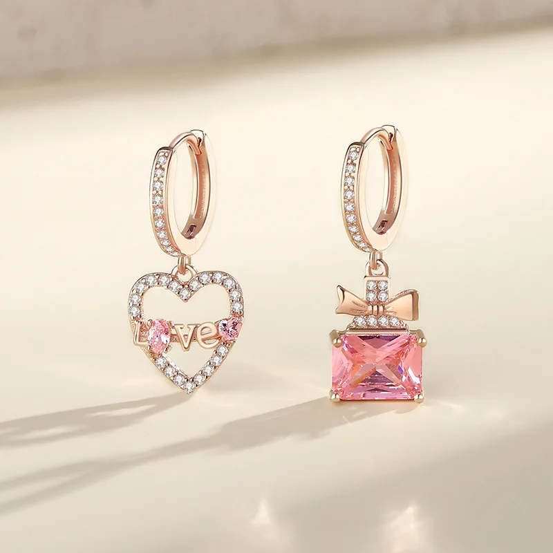 

Fashion Jewelry Wholesale 925 Silver Asymmetric Cubic Zircon Heart Drop Dangle Earrings