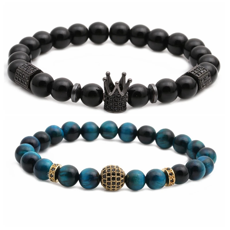 

Hot selling 2pcs/set 8mm handmade luxury beaded matte tiger eye natural stone custom charm crown bracelet diy men stone bracelet, Picture