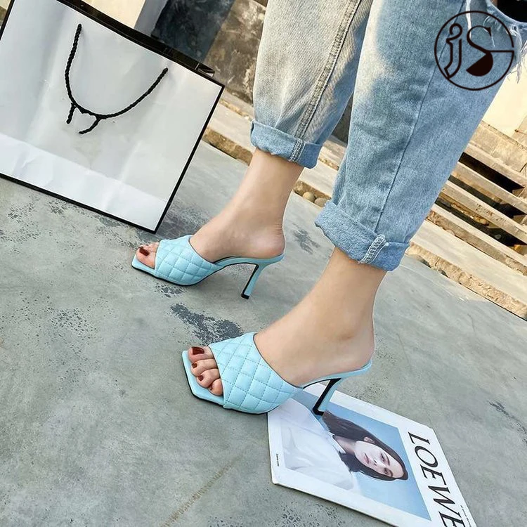 

New designer high quality summer women heels Fashion one-word women's heel slippers PU leather factory hot selling slides, Picture