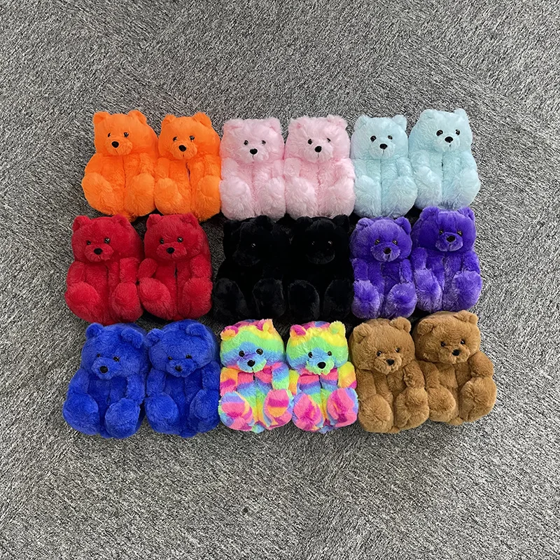 

Plush in stock kids new color fluffy 5-10 years old teddy bear slippers teddy bear bed house slippers shoes, 12 color