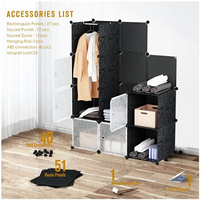 12-Cube Portable Closet, Plastic Wardrobe with Doors & 2 Hangers - Deeper Cubes Than Normal (14inch vs 18inch) for big space