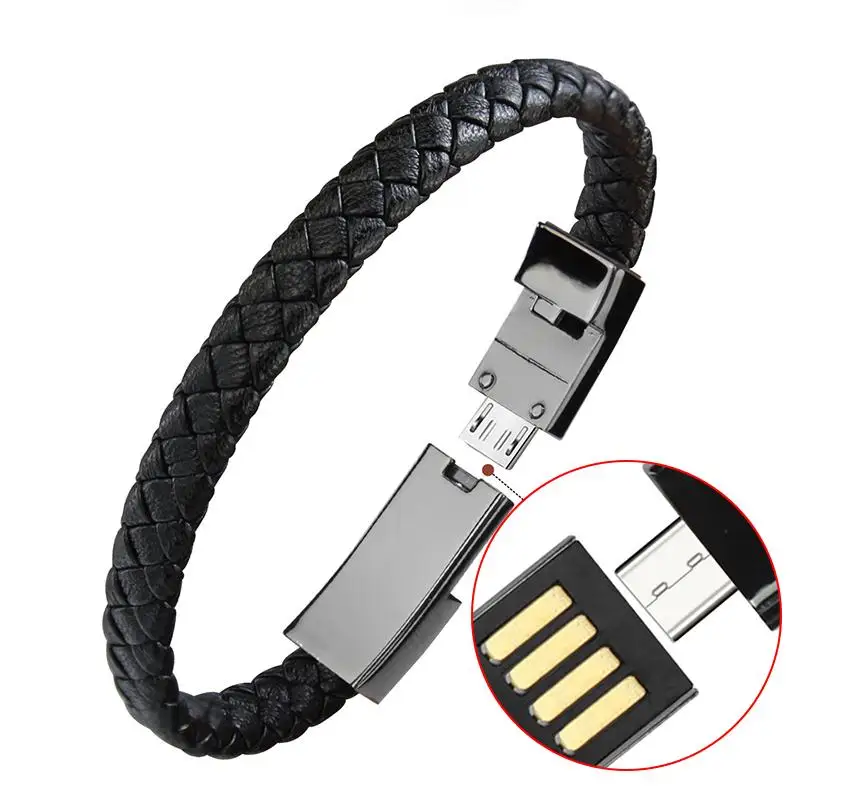 Custom mini portable brow micro type-C leather phone charging cable men bracelet earphone usb data cable