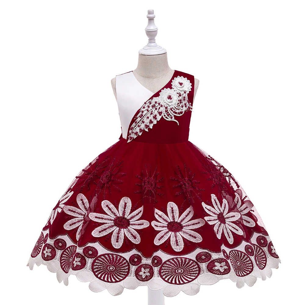 

3-10 Years Elegant Embroidery Flower Wedding Pageant Formal Red Ball Gown For Kids Girl Party Dress