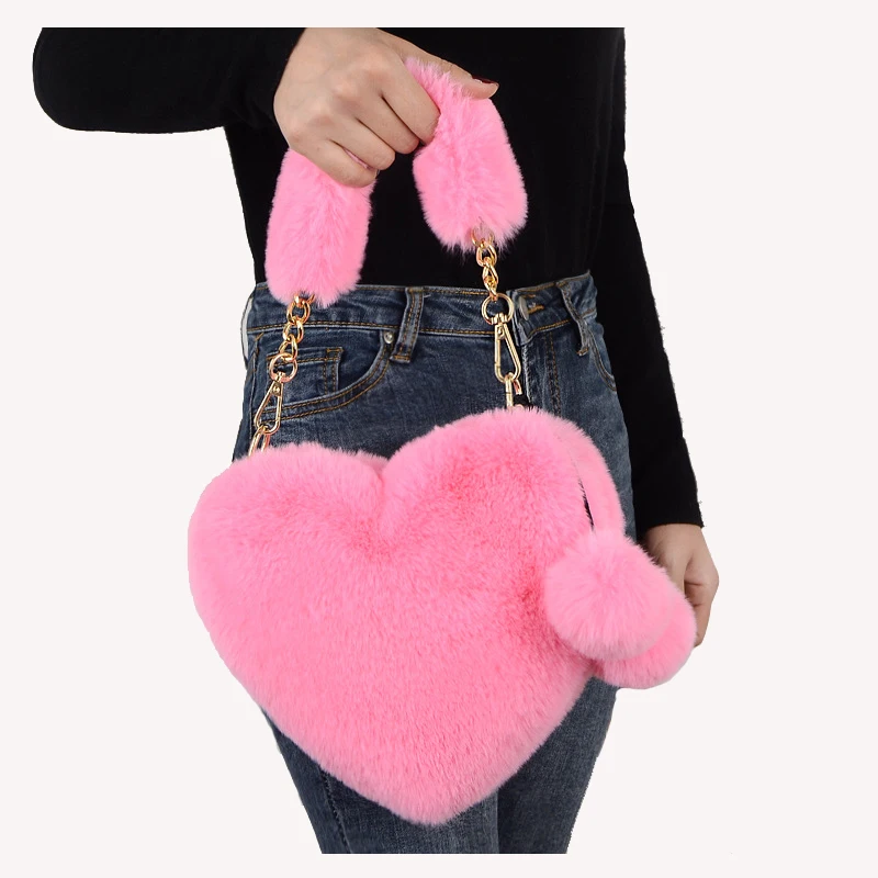 

Wholesale long chain women's soft plush heart shape cute girls fluffy purses handbags for winter season, 12 colors