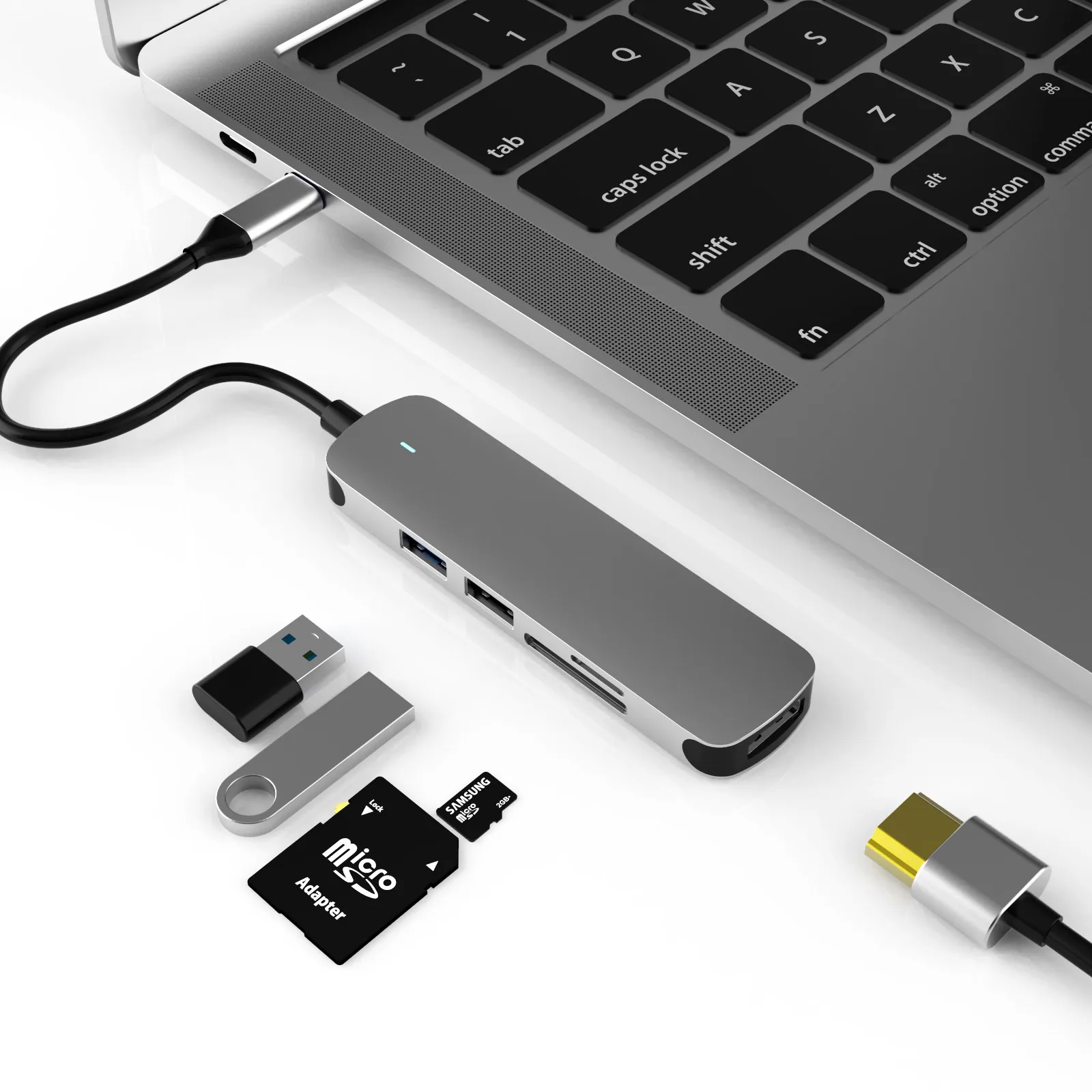 

5 in 1 USB3.0 Hub Laptop Docking Station 4K HD SD/TF USB 3.0 Type-C Port USB C Hub for MacBook Pro Surface iMac mini, Gray