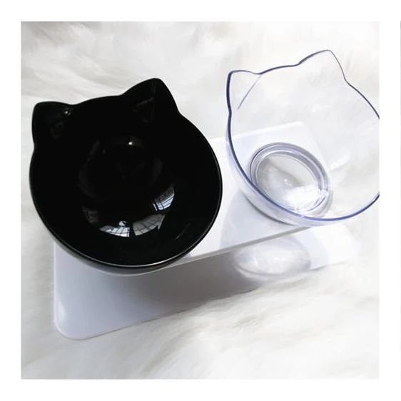 

15 Degree Bevel Non-slip Pets Feeder Double Water Bowl Neck Protection Cat Bowl, Transparent/black