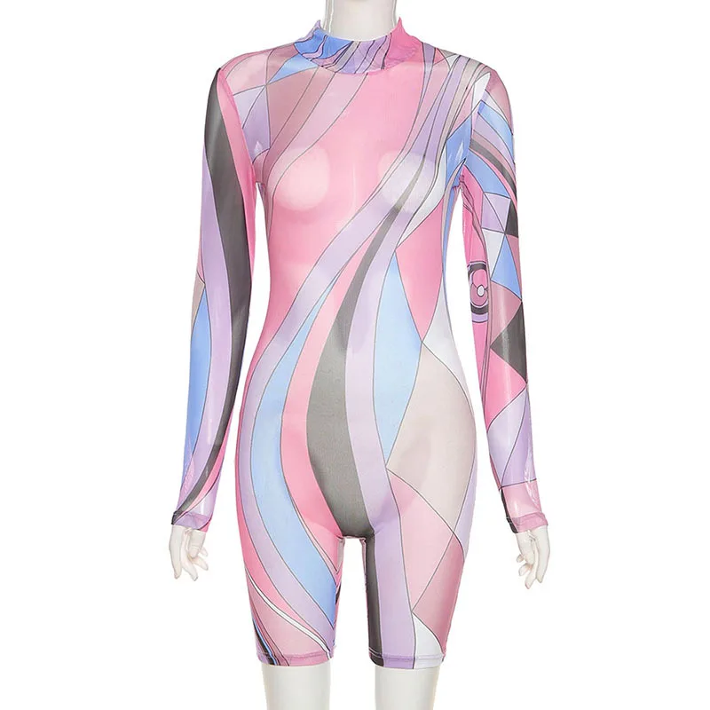 

Hot selling summer printed mesh long sleeve bodycon short one piece jumpsuit for women, Pink
