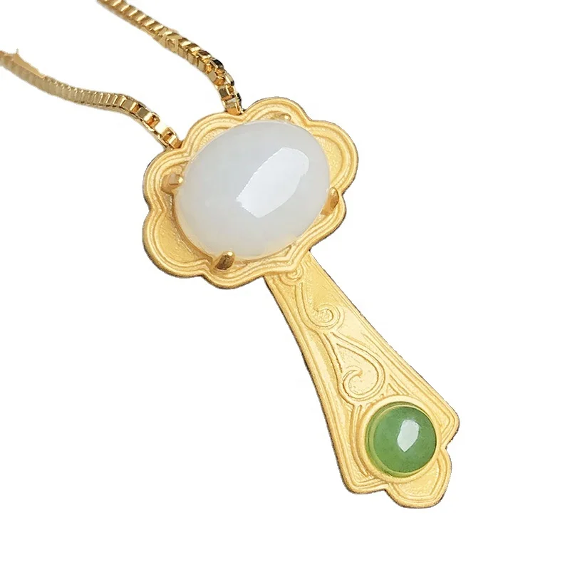

Certified S925 Ancient Silver Gold-Plated Inlaid Jade Pendant Jasper Ruyi Gold Lock Necklace Female Natural Hetian Jade Pendant