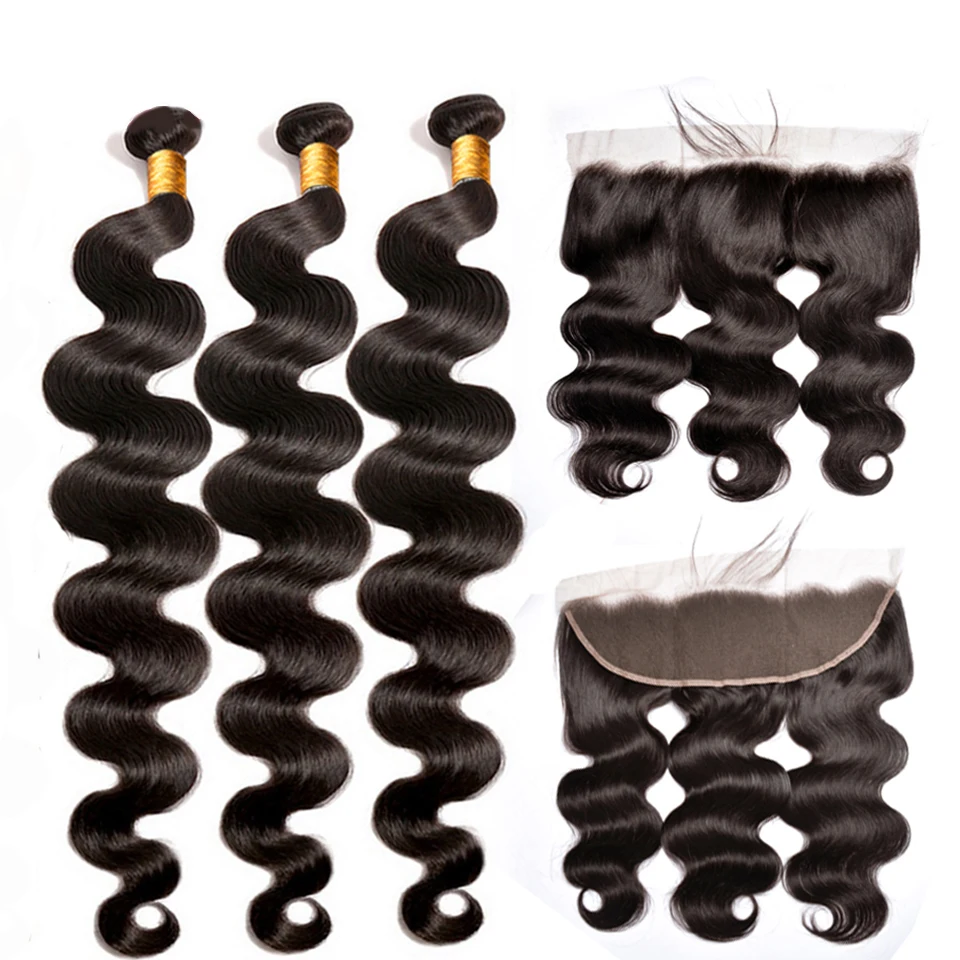 

10- 30 Inch Bundles With Frontal Brazilian Body Wave Bundles With Frontal straight Human Hair 3 Bundles With Lace Frontal