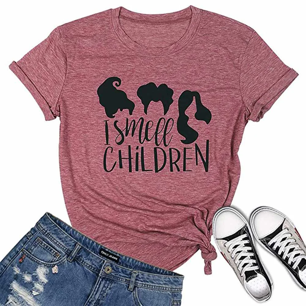 

Halloween Women's Top Short Sleeve T-shirt I Smell Children Dren Witch Print Round Neck Cotton Tee