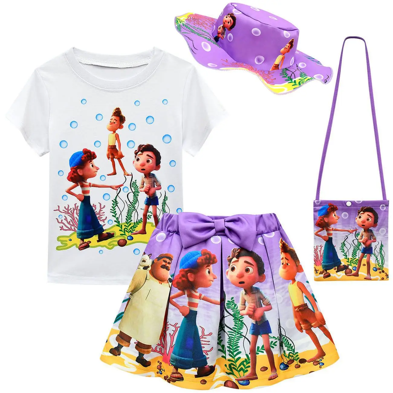 

Drop Shipping ins tumblr Luca Cocomelon Sofia tiktok lol toy story tshirt skirt bag 3 pcs set kids children Clothing set