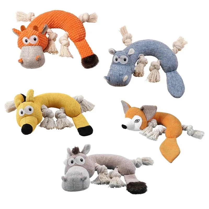 

Amazon New Innovative Cotton Rope Plush Squeaker Dog Toys Fox,Cow,Donkey, Dog,Hippo Pet Toys for Teeth Cleaning Biting