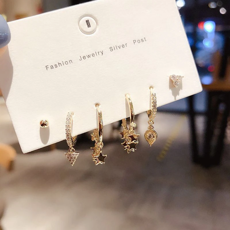 

ENSHIR 2021 Korean Fashionable Women Jewelry Geometric Star Zircon Huggie Hoop Earring Set, Picture shows