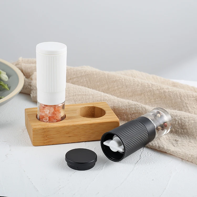 

Mini bbq tool Salt and Pepper Grinder Set Ceramic Burr Glass Jars Single Spice Mill Set with Stand