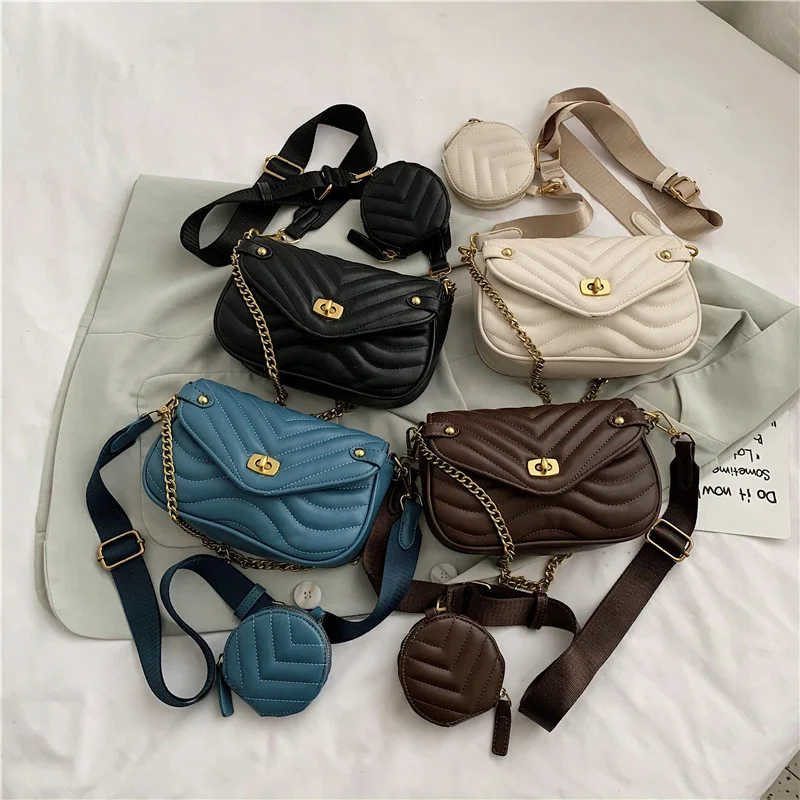 

2021 popular 2 pcs set purses women handbags solid color ladies retro chain crossbody bag, As pics