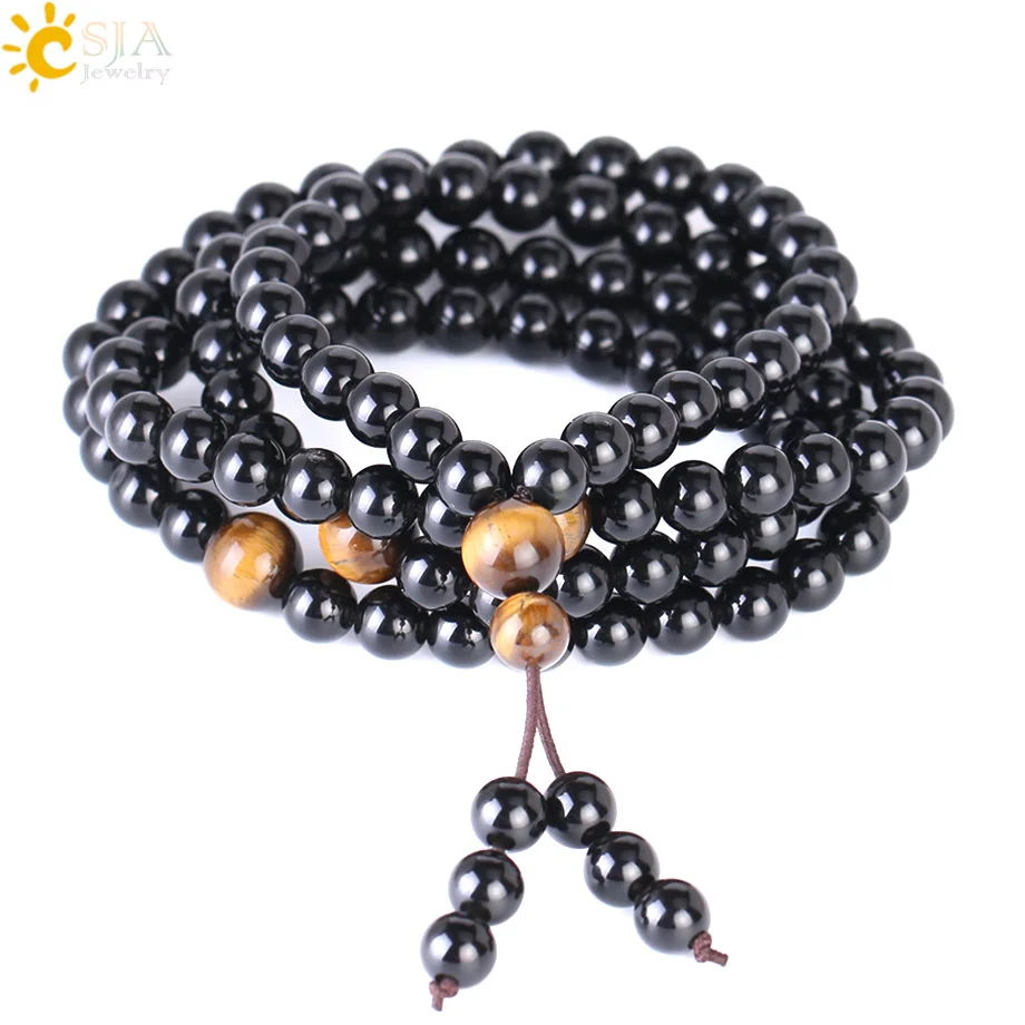 

CSJA natural stone black obsidian custom bracelet multilayer buddhist meditation bead bracelet for men women F312