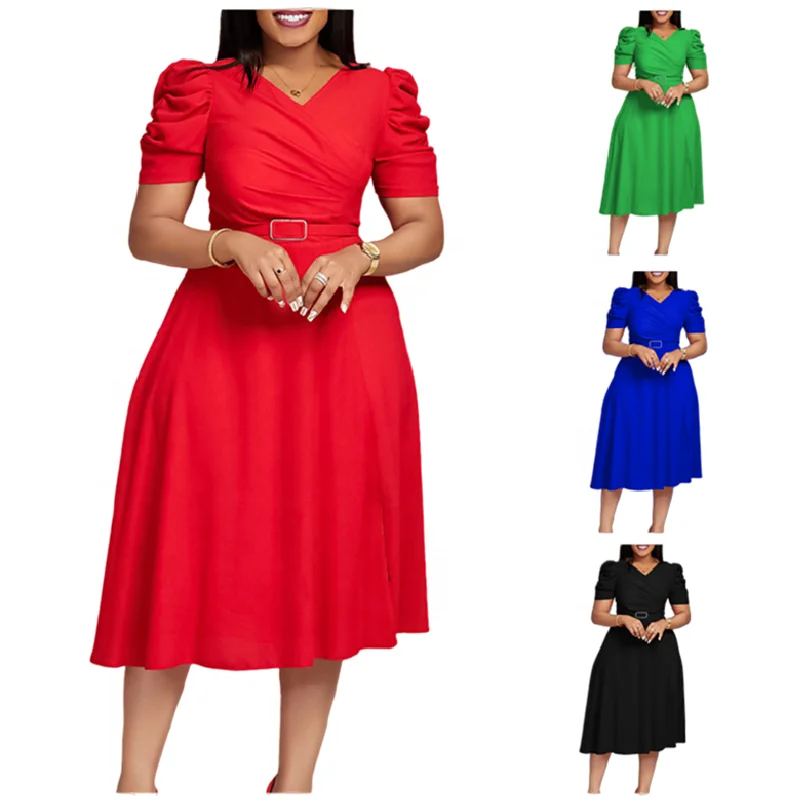 D490 Latest Design Elegant Summer Dress for Women Short Sleeve V-neck Ruched A-line Ladies Office Dresses Women Casual Dresses