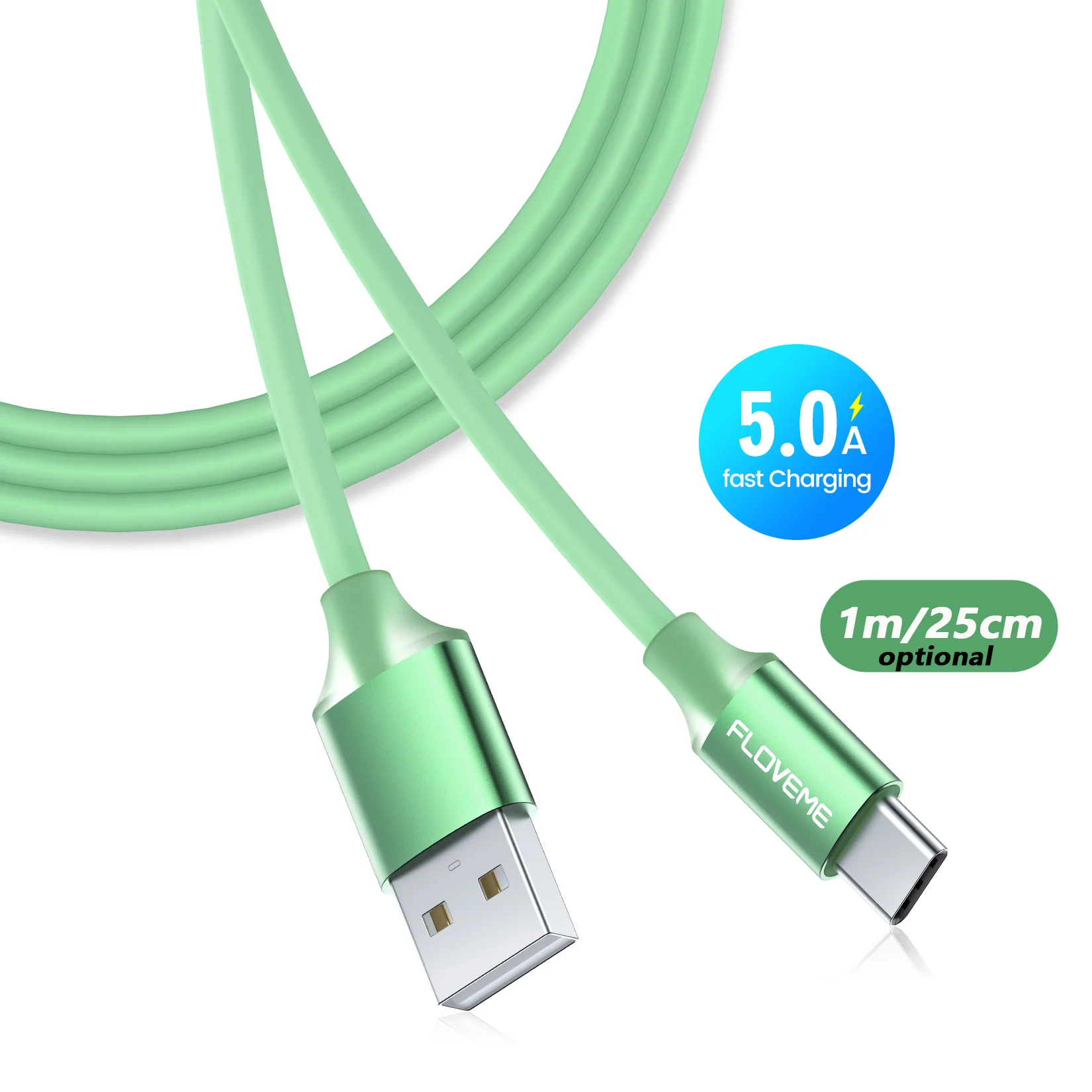 

DHL Free Shipping 1 Sample OK Universal 1m 25cm FLOVEME 5A SR Soft Friendly Fast USB Charging Data Cable for iPhone Android, Green