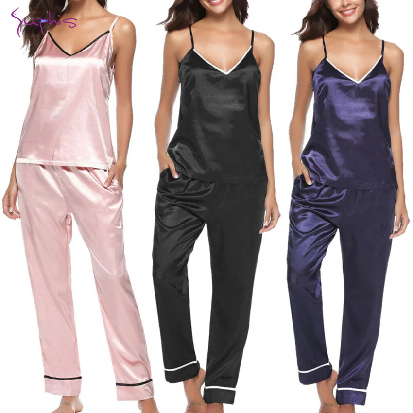 

SUPHIS Nightwear Loungewear Homewear Sleeveless V Neck Top Long Pants Sleepwear 2Pcs Women Solid Color Silk Satin Pajamas Set