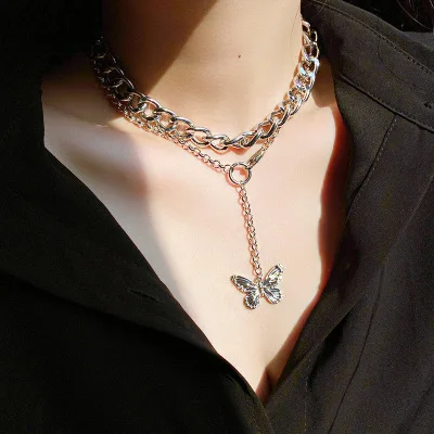 

Fashion Trendy Female Jewelry Silver Color Chunky Chain Necklaces Multilayer Butterfly Pendant Necklaces
