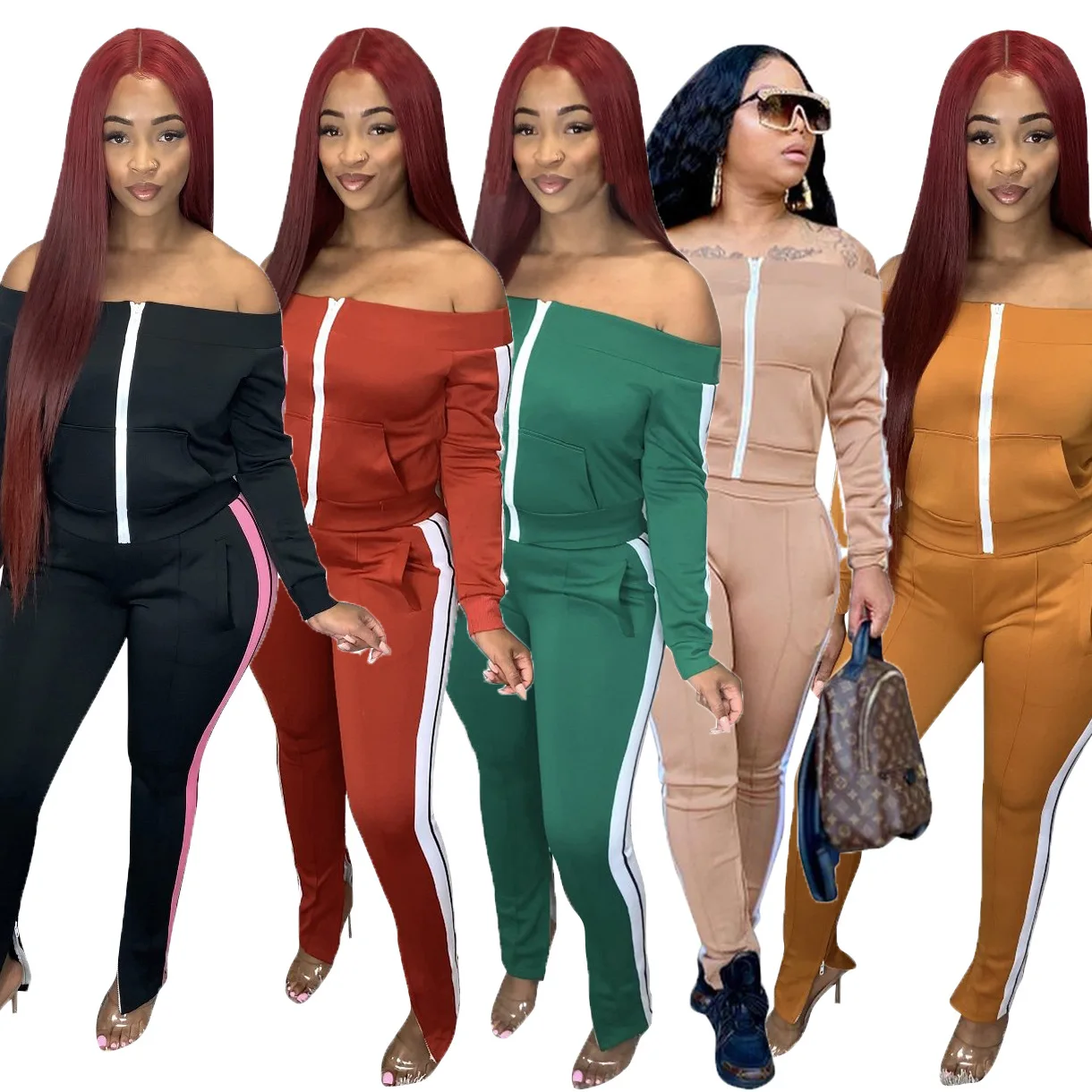 

2 Piece Set Women Custom Long Sleeves Off Shoulder Zip Up Activewear Comfy Tracksuit Sweatsuit Outfit Matching Set Clothing 0657