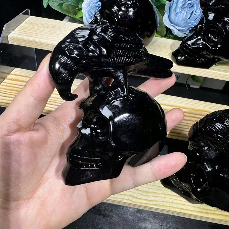 Natural Wholesale Price Crystal  Carving Black Obsidian Raven on the Skulls  for Healing