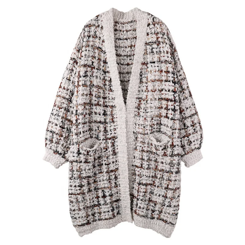 

Sweater Female 2021 New Autumn And Winter French Small Fragrant Wind Loose In Long Plaid Bright Silk Languid Cartridge Coat