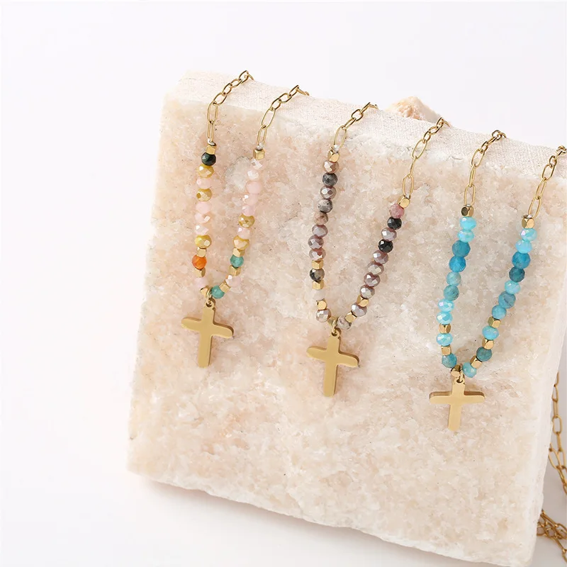 Wholesale Personalized Delicate Stainless Steel Beaded Cross Necklace Gold Plated Fashion Jewelry for Women Gift