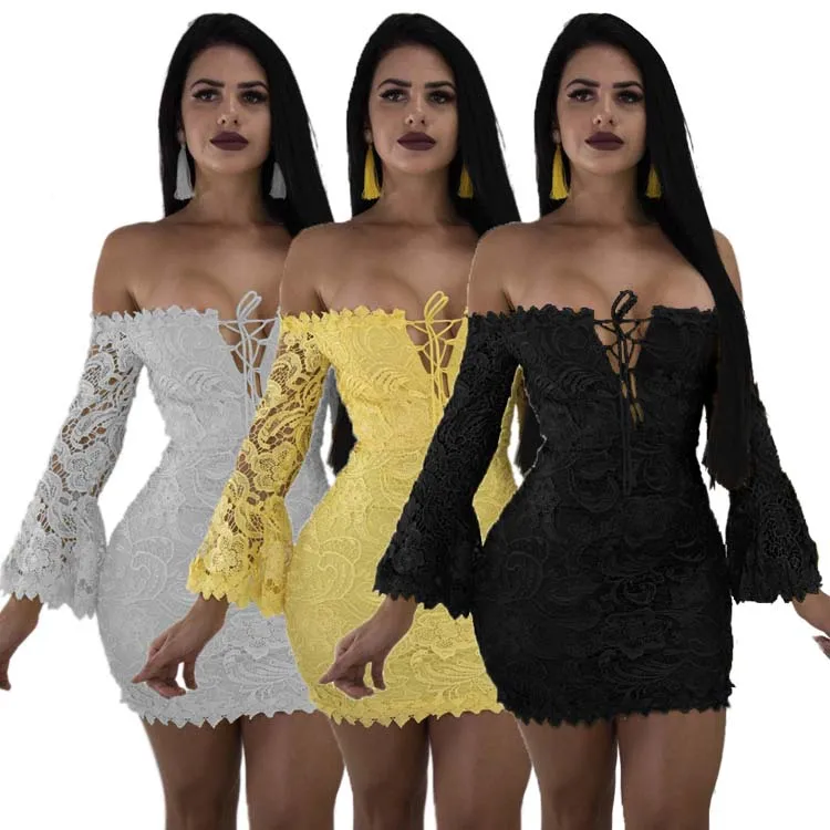 

New Arrivals Fashion Autumn Women Sexy Off Shoulder Long Trumpet Dress Sleeve Lace-up Hollow Out Chalaza Dress