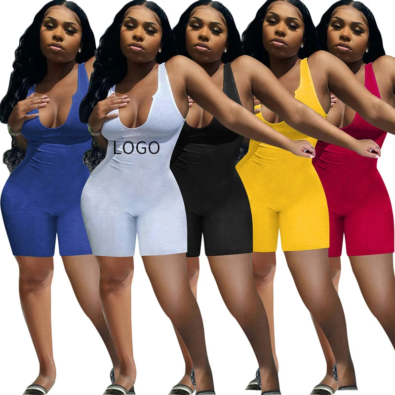 

Rib knit v- neck vest sleeveless woman tops rompers summer 2021 bodycon women shorts one piece jumpsuit