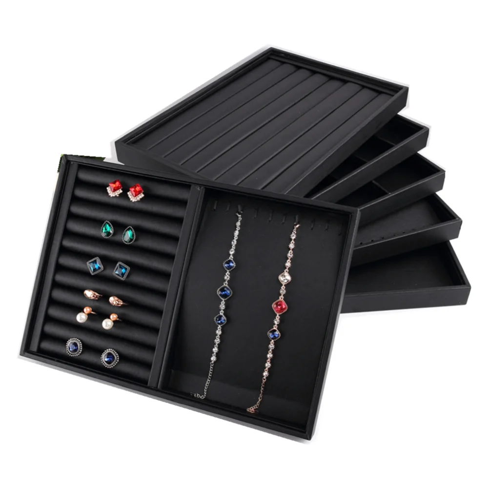 Black  PU Leather Jewelry Exhibition Display Rack Props Tray For Ring Earrings Pendant Necklace