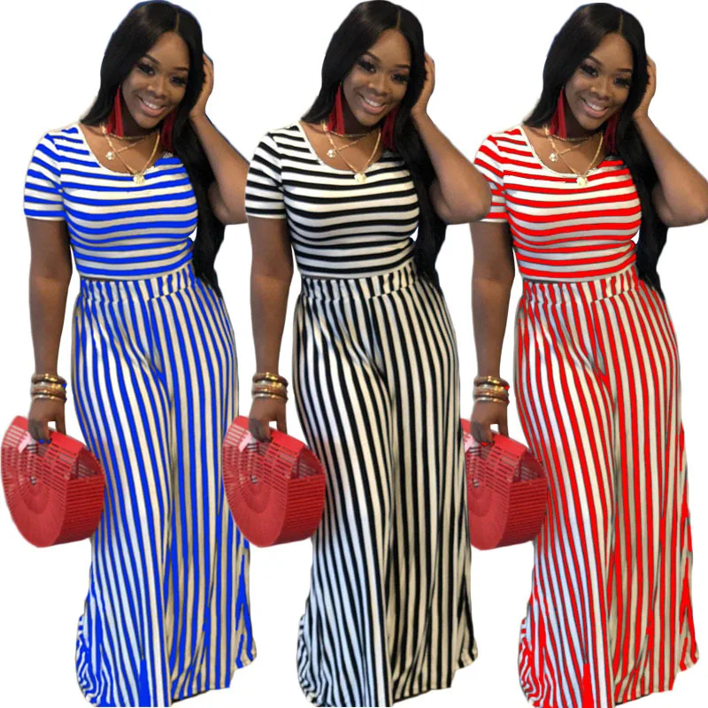 

Fashion Women's Casual Stripe Loose Wide Leg Two Piece set Women Suits With Short Sleeves in Summer, As shown