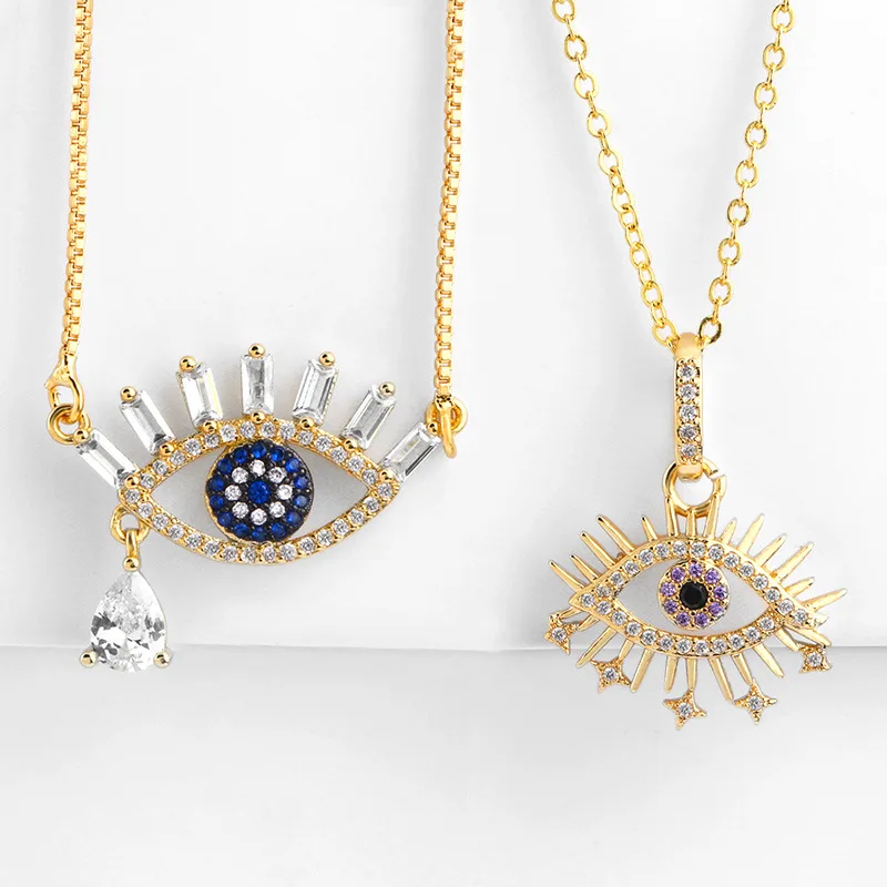 

Turkey Glitter Cubic Zirconia Blue Eyes Shape Necklace Exquisite 18K Gold Plated Full Diamond Evil Eyes Pendant Necklace