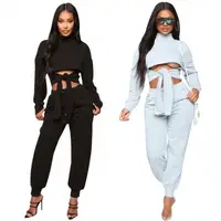 

KG3612 design fashion crop top front tie solid casual Women Clothing Trendy Pants Two Piece Ladies Set