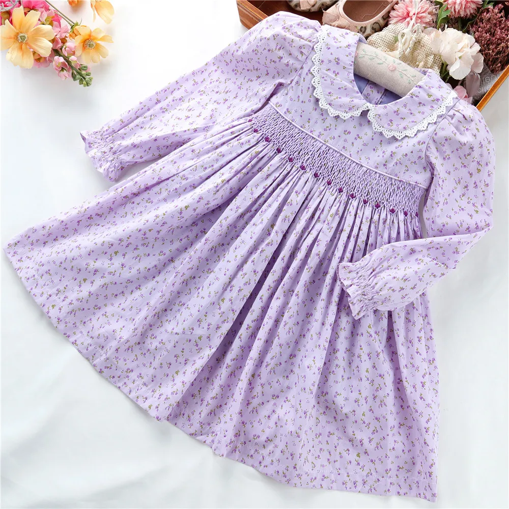 

fall winter flower purple long sleeve little baby girls' dresses hand smocked casual cotton wholesale B41570