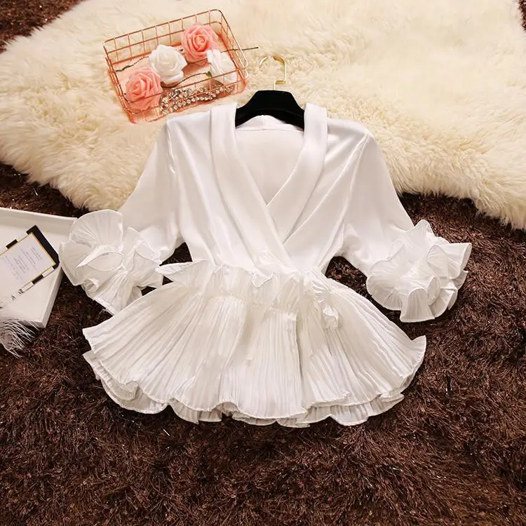 

B64137A Spring and summer fold V collar pleated newest style beach lady chiffon shirt, Black/white/yellow/silver
